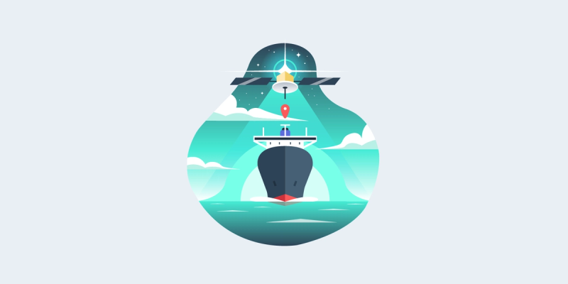 Flat illustration of a container ship at sea tracked by a satellite beaming a location pin marker