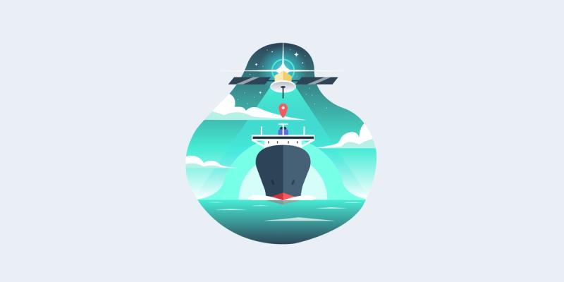 Flat illustration of a container ship at sea tracked by a satellite beaming a location pin marker