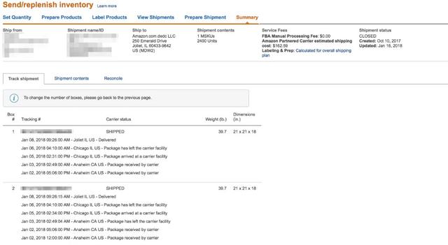 Amazon Send/replenish inventory Summary page Track shipment tab showing per-box tracking numbers, carrier status, weights and delivery events