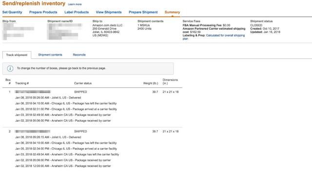 Amazon Send/replenish inventory Summary page Track shipment tab showing per-box tracking numbers, carrier status, weights and delivery events