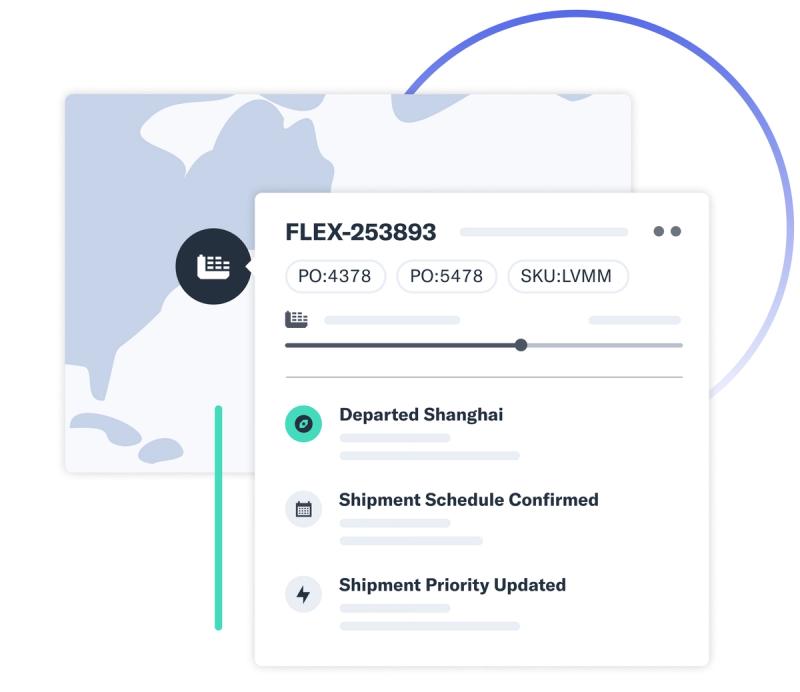 Flexport platform shipment-tracking screen with a timeline of milestones for a container en route from Shanghai