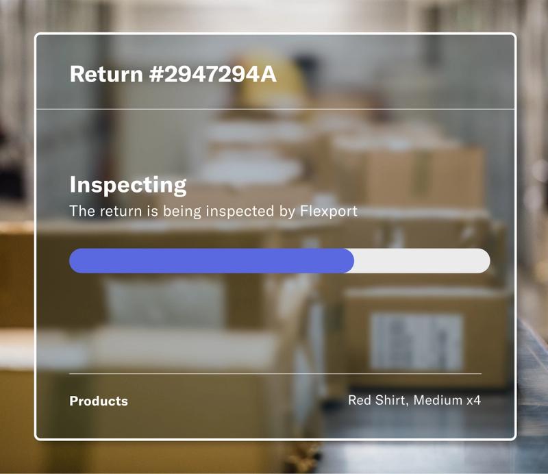 Flexport returns tracking screen for return #2947294A showing an Inspecting status with a progress bar