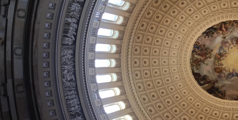 Interior of the US Capitol Rotunda dome with coffered ceiling and the Apotheosis of Washington fresco