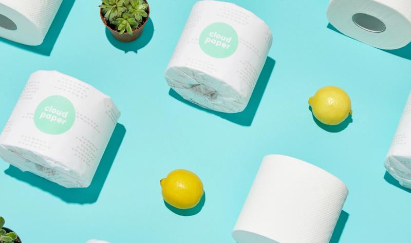 Cloud Paper toilet-paper rolls arranged with lemons and a succulent on a bright teal background, a consumer ecommerce product flat-lay