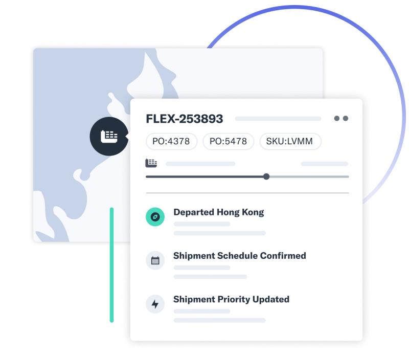 UI illustration of a shipment tracking card showing milestones from Departed Hong Kong