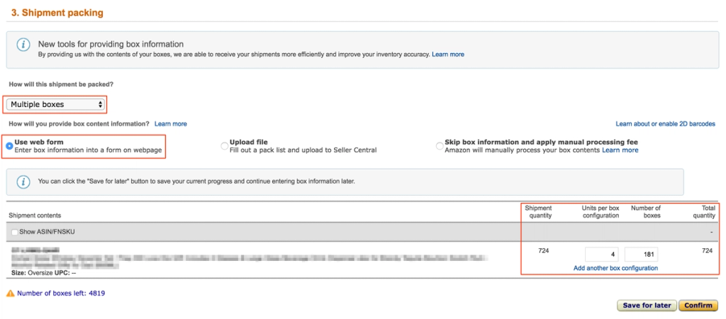 Amazon Seller Central Shipment packing step with Multiple boxes selected, Use web form chosen, and box configuration quantity fields highlighted