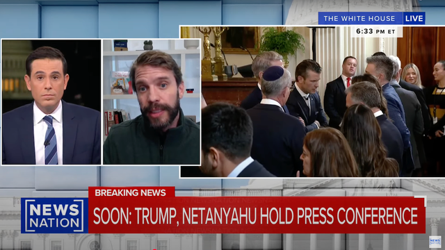 NewsNation broadcast still with a news anchor and a White House scene, chyron reads 'SOON: Trump, Netanyahu hold press conference'