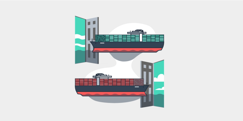 Flat illustration of two container ships passing through canal locks
