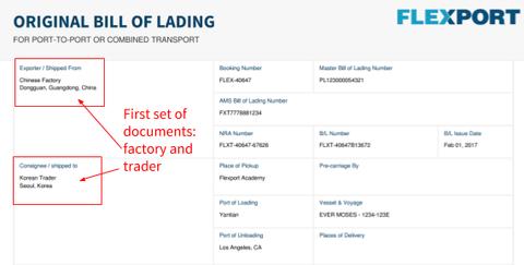 Flexport Original Bill of Lading annotated as the first set of documents between Chinese factory shipper and Korean trader consignee in a switch BL