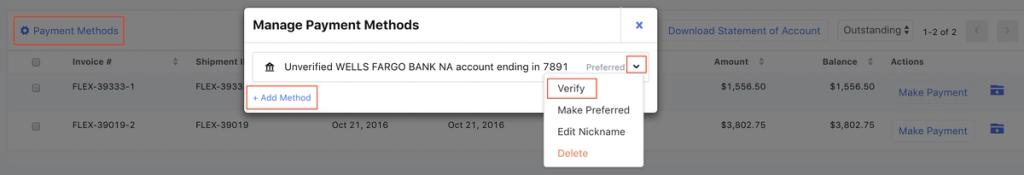 Flexport Manage Payment Methods modal highlighting the Payment Methods link, Add Method button, and Verify option for an unverified Wells Fargo bank account