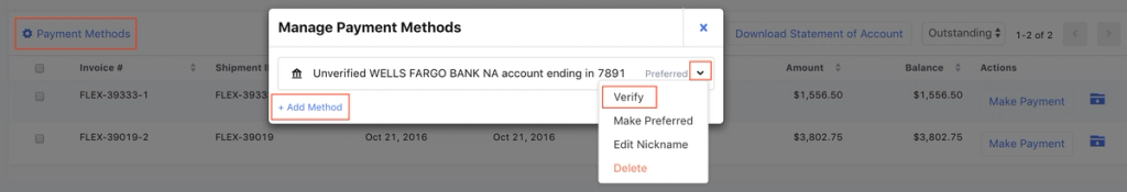Flexport Manage Payment Methods modal highlighting the Payment Methods link, Add Method button, and Verify option for an unverified Wells Fargo bank account