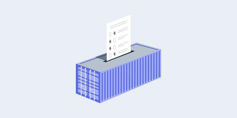 Illustration of a paper ballot being dropped into a blue shipping container styled as a ballot box