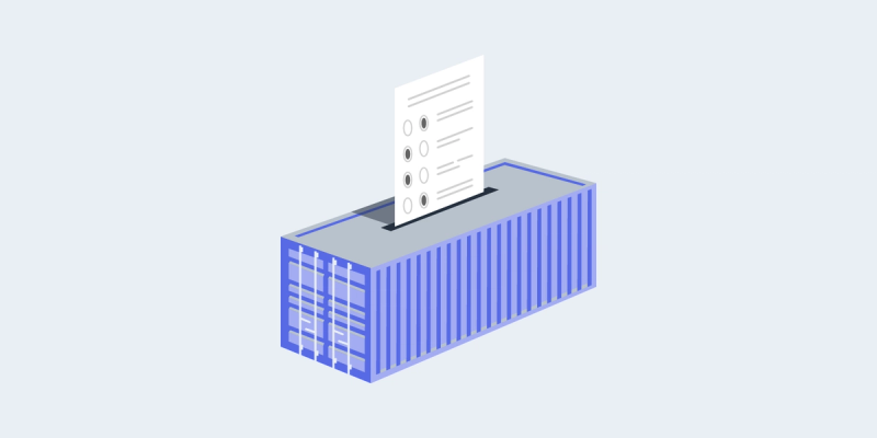 Illustration of a paper ballot being dropped into a blue shipping container styled as a ballot box