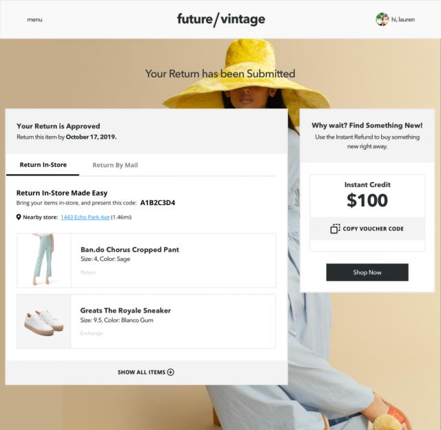 Future/Vintage return confirmation screen showing in-store return option and $100 instant store credit offer