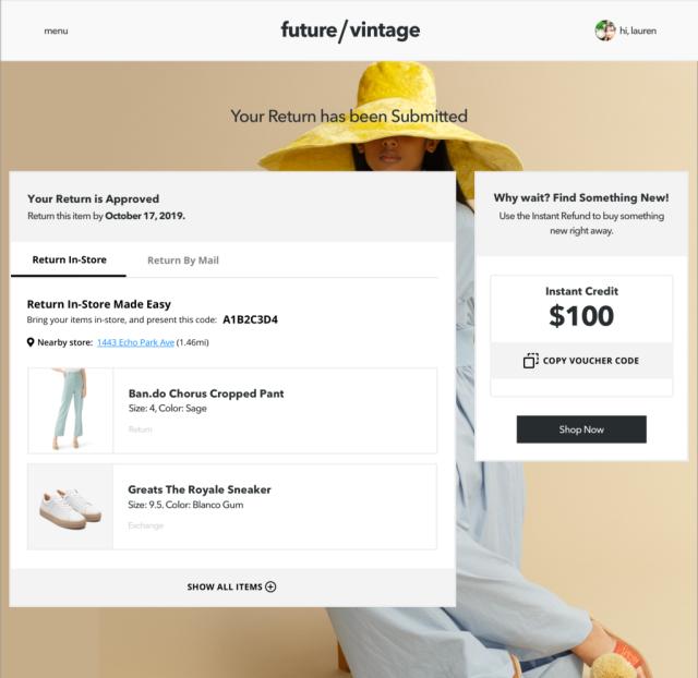 Future/Vintage return confirmation screen showing in-store return option and $100 instant store credit offer