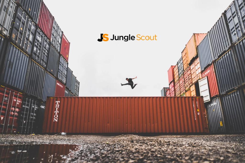 Jungle Scout logo above a person leaping over a shipping container in a stacked container yard
