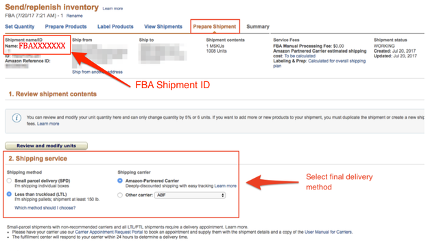 Amazon Seller Central Prepare Shipment page with arrows highlighting the FBA Shipment ID field and the Shipping service final delivery method selection