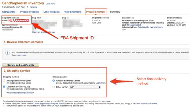 Amazon Seller Central Prepare Shipment page with arrows highlighting the FBA Shipment ID field and the Shipping service final delivery method selection