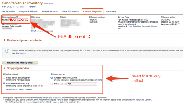Amazon Seller Central Prepare Shipment page with arrows highlighting the FBA Shipment ID field and the Shipping service final delivery method selection