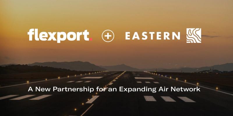 Flexport plus Eastern logos over an empty airport runway at dusk: A New Partnership for an Expanding Air Network