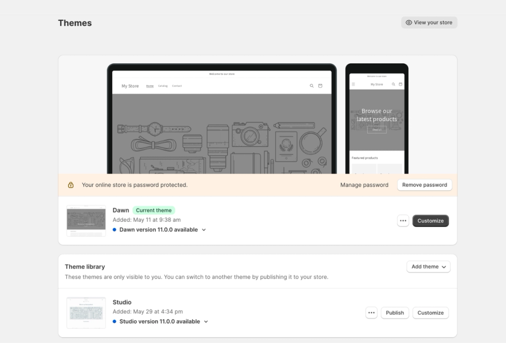 Shopify admin Themes screen showing Dawn current theme and a password-protected store notice