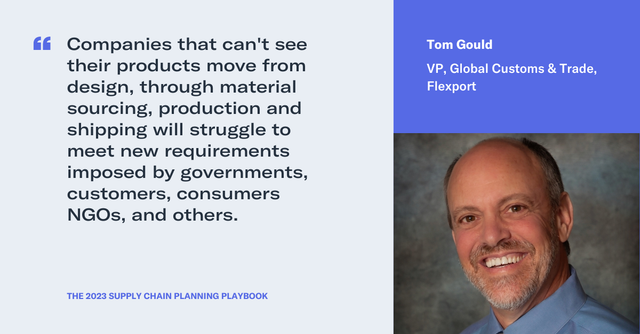 Quote card with headshot of Tom Gould, VP of Global Customs & Trade at Flexport, on product visibility
