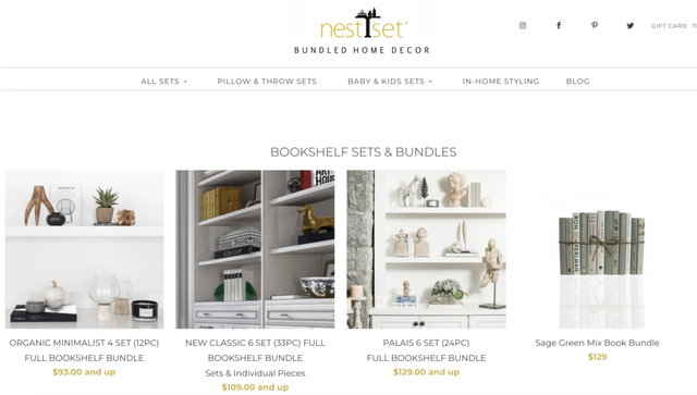 NestSet home decor website page showing bookshelf set bundles with prices from $93 and up