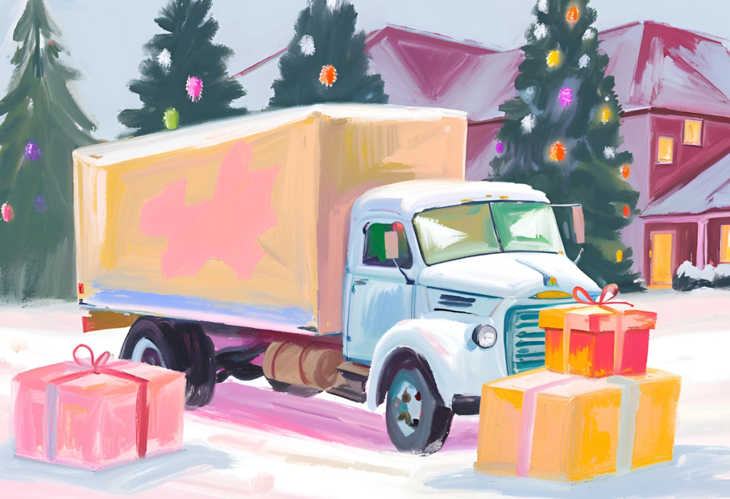 Painted illustration of a delivery truck and wrapped gifts in a snowy holiday neighborhood