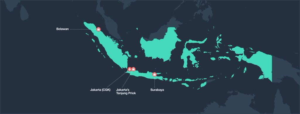 Map of Indonesia highlighting Belawan, Jakarta CGK, Tanjung Priok and Surabaya port and airport hubs