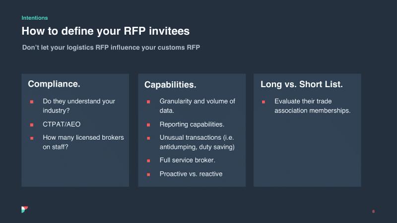 Slide titled 'How to define your RFP invitees' with Compliance, Capabilities, and Long vs. Short List columns.
