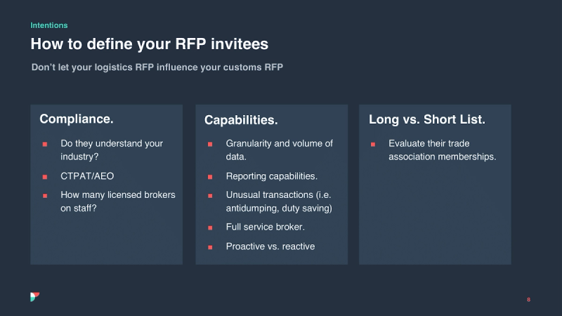 Slide titled 'How to define your RFP invitees' with Compliance, Capabilities, and Long vs. Short List columns.