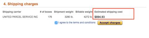 Amazon shipping charges step for UPS with the Estimated shipping cost column ($894.93) highlighted in red