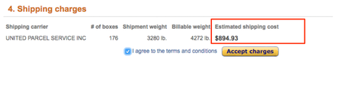 Amazon shipping charges step for UPS with the Estimated shipping cost column ($894.93) highlighted in red