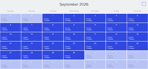 Calendar view of September 2026 with each day shaded blue and labelled with the number of Super and Regular transit slots available.