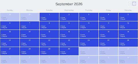 Calendar view of September 2026 with each day shaded blue and labelled with the number of Super and Regular transit slots available.