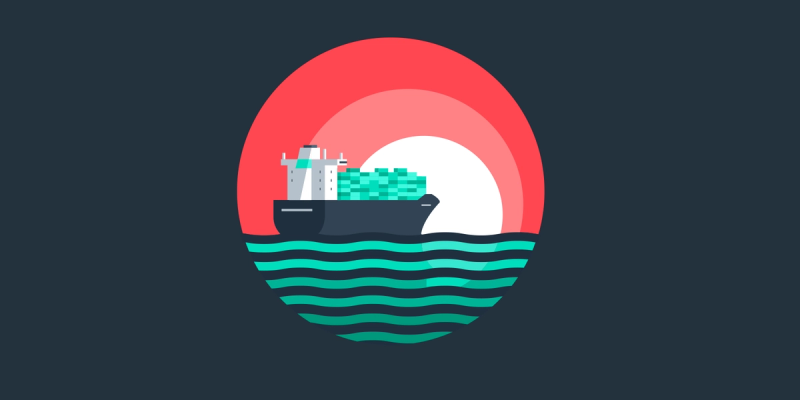 Flat illustration of a container ship at sea against a red setting sun in a circle, dark navy background