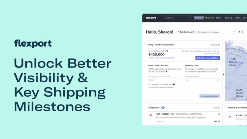Tutorial card for shipment visibility showing a dashboard with a duty drawback estimator and exceptions