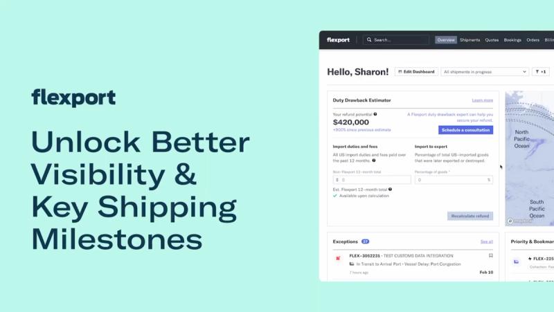 Tutorial card for shipment visibility showing a dashboard with a duty drawback estimator and exceptions