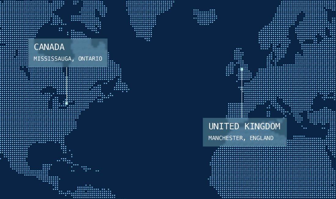 Map marking new fulfillment locations in Mississauga, Ontario and Manchester, England