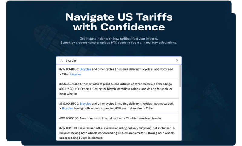 Tariff Simulator search bar returning HTS code results for a product query