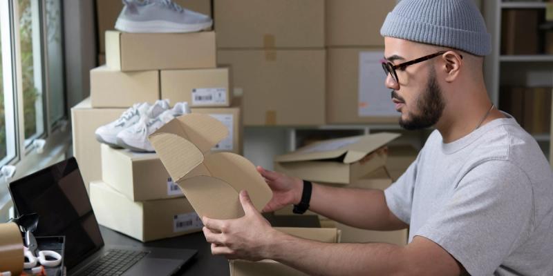 Man in beanie and glasses folds a shipping box at a desk surrounded by parcels and sneaker boxes