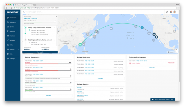 Flexport platform dashboard screenshot with a Pacific route map, active shipments, bookings and outstanding invoices