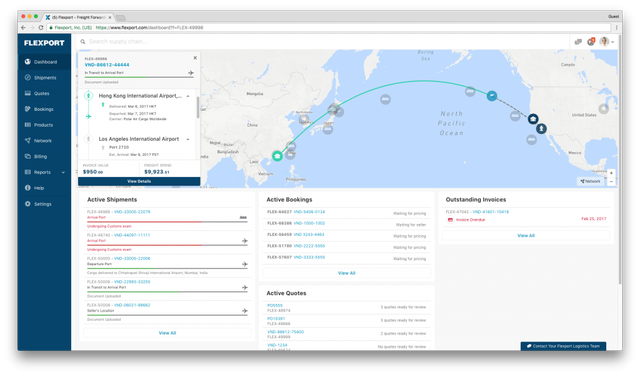 Flexport platform dashboard screenshot with a Pacific route map, active shipments, bookings and outstanding invoices