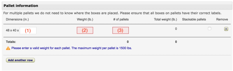 Amazon pallet information form with 48 x 40 pallet dimensions and highlighted weight and pallet-count fields plus a max 1500 lb weight warning