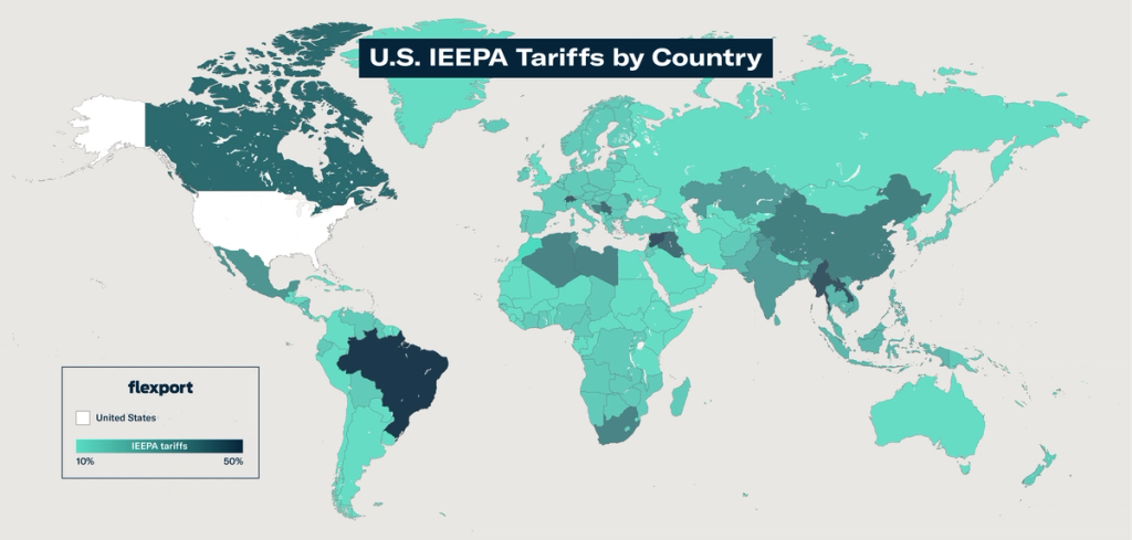 World map titled U.S. IEEPA Tariffs by Country, shaded teal by tariff rate from 10% to 50%