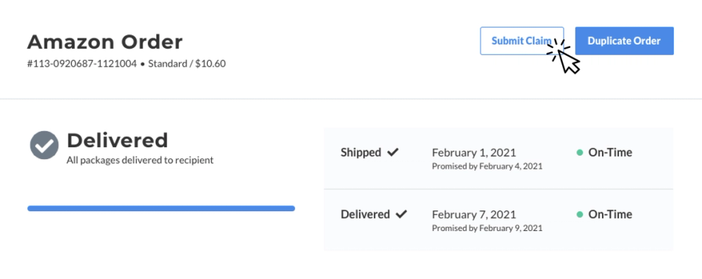 Amazon order tracking screen marked Delivered with Submit Claim and Duplicate Order buttons
