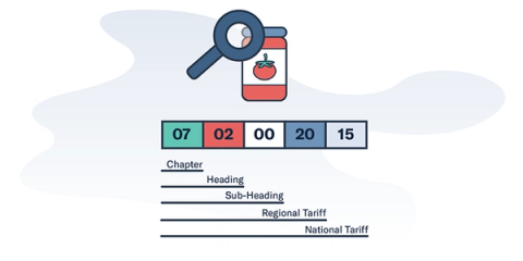 A magnifying glass over a canned food tin, above the HS code 07 02 00 20 15 broken into five tiers: chapter, heading, sub-heading, regional tariff and national tariff.