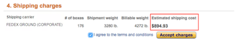 Amazon shipping charges step showing FedEx Ground carrier, box count, weights and a highlighted estimated shipping cost of $894.93