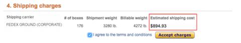 Amazon shipping charges step showing FedEx Ground carrier, box count, weights and a highlighted estimated shipping cost of $894.93
