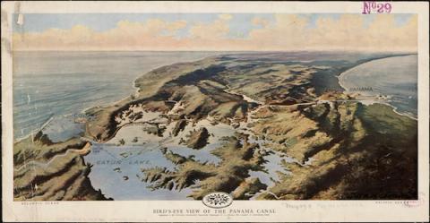 Vintage painted bird's-eye-view map of the Panama Canal showing Gatun Lake between Atlantic and Pacific oceans